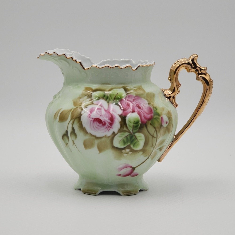 Vintage Lefton Rose Pitcher Hand Painted Green Porcelain Gold Trim 796